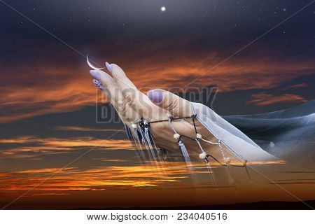 Light In Dark Sky . Sunset And New Moon . Religion Background . Against The Background Of Clouds . S