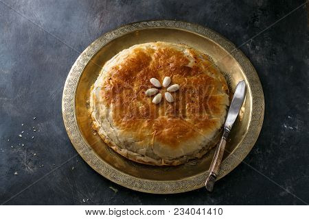 Chicken Bastilla, Moroccan Layered Pie Top View Copyspace.