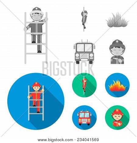 Fireman, Flame, Fire Truck. Fire Department Set Collection Icons In Monochrome, Flat Style Vector Sy