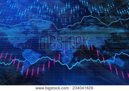 Creative Forex Wallpaper With Map And Lines. Investment, Trade And Finance Concept. 3d Rendernig