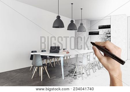 Hand Drawing Meeting Room Interior. Architecture And Design Concept. 3d Rendering