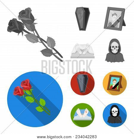 Coffin With A Lid And A Cross, A Photograph Of The Deceased With A Mourning Ribbon, A Corpse On The 