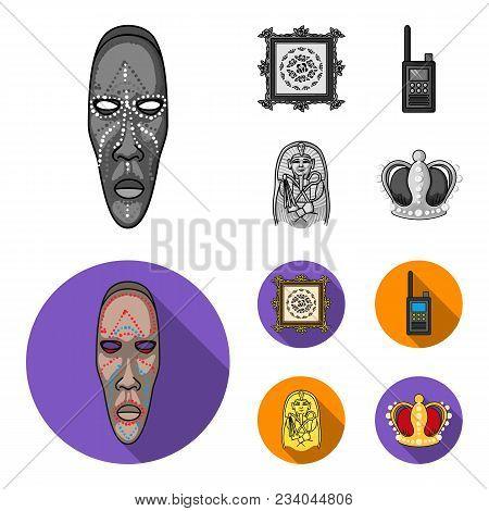 Picture, Sarcophagus Of The Pharaoh, Walkie-talkie, Crown. Museum Set Collection Icons In Monochrome