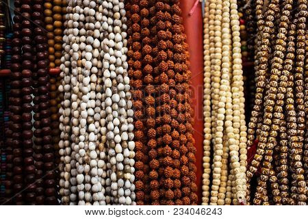 Mala, Prayer Beads. Rudraksha. Goods Of India. The Materials That The Beads Are Made From And The Sp