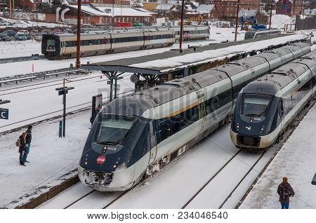 Naestved Denmark - March 1. 2018: Dsb Ic4 Trains At Naestved Train Station