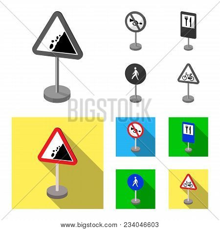 Different Types Of Road Signs Monochrome, Flat Icons In Set Collection For Design. Warning And Prohi