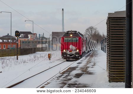 Naestved Denmark - March 1. 2018: Dsb Me Locomotive Arrives With A Regional Train To Naestved Train 