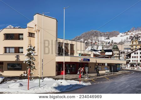 Engelberg, Switzerland - 9 March, 2016: Railway Station Building In The Town Of Engelberg. Engelberg