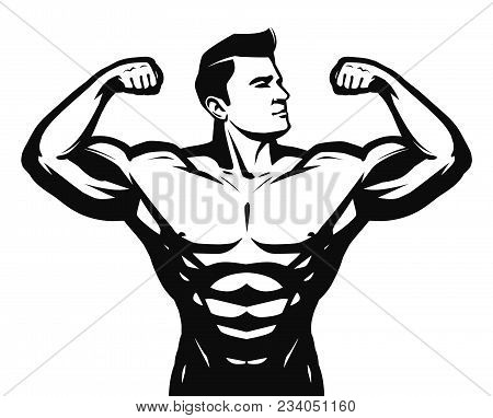 Gym, Sport, Bodybuilding Logo Or Label. Strong Man With Big Muscles. Vector Illustration Isolated On