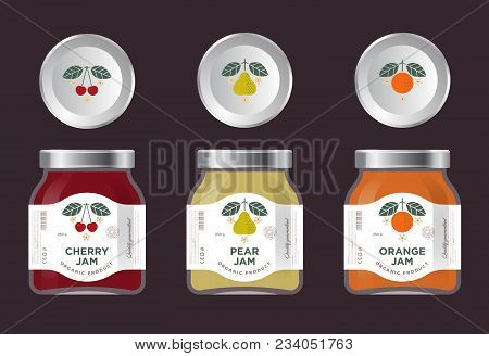 Three Labels Fruit Jam. Cherry, Pear, Orange Jam Labels And Packages. Three Packaging. Premium Desig