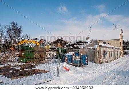 Sollested Denmark - March 3. 2018: Demolition Of An Old Building On A Winter Day