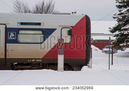Sollested Denmark - March 3. 2018: Danish Ic2 Train At Sollested Train Station