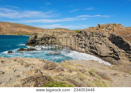 View Of Cliffs And Waves In Windy Day. Papafragas Beach, One Of The Most Impressive Sites Of Milos. 