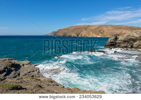 View Of Cliffs And Waves In Windy Day. Papafragas Beach, One Of The Most Impressive Sites Of Milos. 
