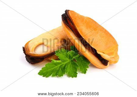 Two Mussel With Parsley Leaf Isolated On White Background.