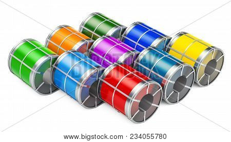 Stock Of Galvanized Steel Sheet With Polymer Coating In Coils, 3d Rendering Isolated On White Backgr