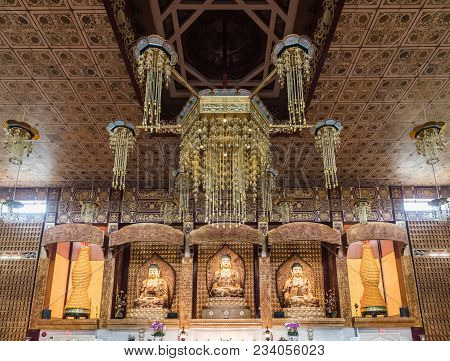 Hacienda Heights, Ca, Usa - March 23, 2018: Altar With Three Buddhas In Main Shrine Of Hsi Lai Buddh