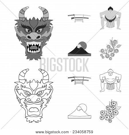 Dragon Mask, Katano, A Man Is A Sumo Player, A Fujiama Mountain.japan Set Collection Icons In Outlin