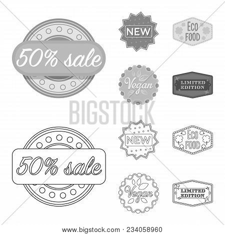 Percentage Sale, New, Eco Food, Vegan.label, Set Collection Icons In Outline, Monochrome Style Vecto