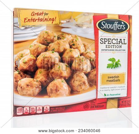 Winneconne, Wi -  30 March 2018: A Box Of Stouffers Swedish Meatballs Frozen Meal On An Isolated Bac