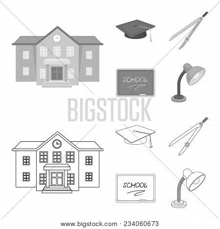 School Building, College With Windows, A Master Or Applicant Hat, Compasses For A Circle, A Board Wi