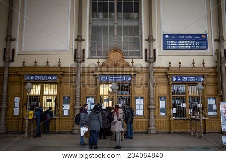 Budapest, Hungary - December 18, 2016: People Queuing And Waiting In Front Of Ticket Counters In Nyu