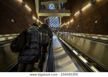 Budapest, Hungary - December 18, 2016: People Going Up A Metro Station Of Budapest On An Escalator O
