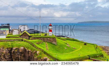 Panoramic View Of Faroe Islands Seashore And Lighthouse, Summer Time