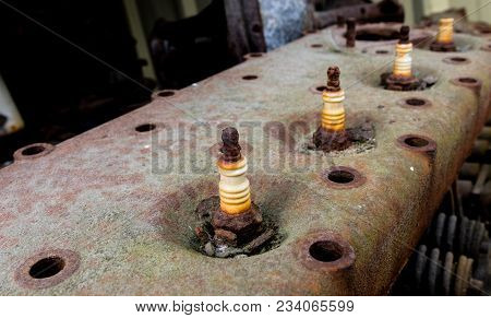 Vintage Antique Automotive Cylinder Head With Rusty Spark Plugs