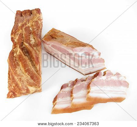 Smoked Bacon With Layers Of Meat. On A White Background.