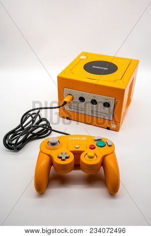 Bangkok, Thailand - March 7, 2018: Nintendo Gamecube Console In Orange Color, Vintage Portable Game 