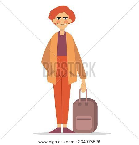 Traveler Character Icon. Fellow Traveler. Man In Casual Clothes With Trolley Suitcase, Template Vect