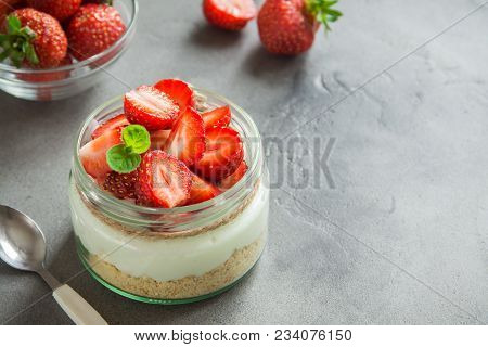 Cheesecake With Strawberries In Jar