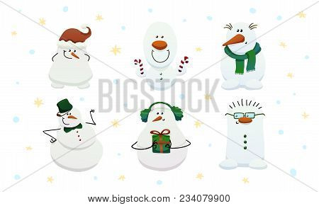 Set Of Six Cute Snowmen. Shy, Complacent, Hipster, Surprised, Happy And Smiling Characters. Vector I