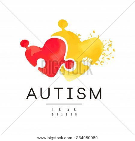 Autism Awareness Concept With Two Pieces Of Puzzle In Shape Of Hearts. Original Logo Design For Char
