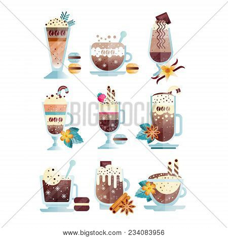 Set Of Tasty Coffee Drinks In Transparent Cups And Glasses. Delicious Hot And Chilled Beverages With