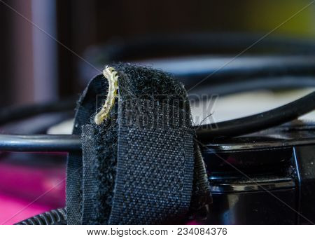 Caterpillar Of A Rare Kind Close-up On The Power Wires Of A Laptop.