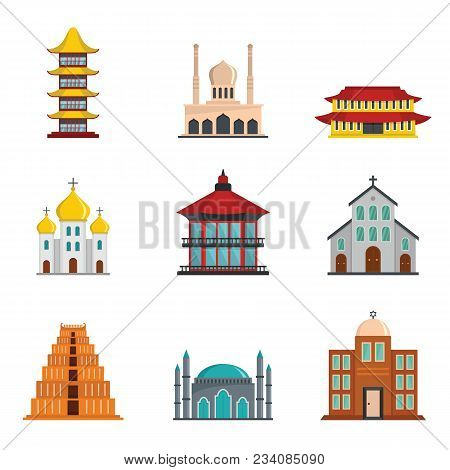 Temple Tower Castle Icons Set. Flat Illustration Of 9 Temple Tower Castle Vector Icons For Web