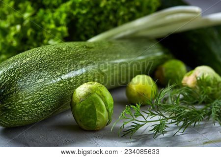 Fresh Vegetables Still Life Over White Textured Background, Close-up, Flat Lay. Assortment Of Fresh 