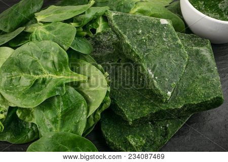 Fresh Baby Spinach Leaves And Frozen Spinach. Unfrozen Spinacia Oleracea In White Bowl. Leafy Green 