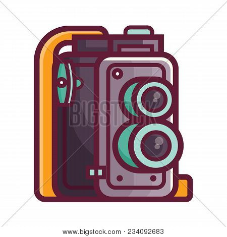 Vintage Twin Lens Reflex Camera Icon. Old Manual Photographic Equipment In Line Style. Retro Photogr