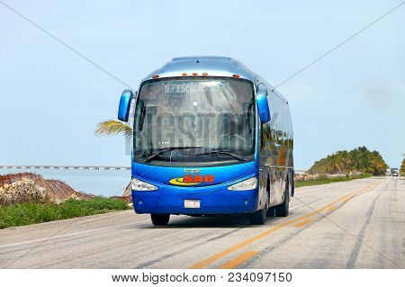 Campeche, Mexico - June 2, 2017: Touristic Coach Bus Irizar I5 At The Interurban Road.
