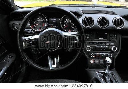 Cancun, Mexico - June 3, 2017: Interior Of The Sports Car Ford Mustang.