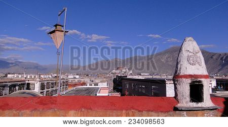 Top Of Ancient Temple In Tibet, China. Tibet Is A Historical Region Covering Much Of The Tibetan Pla