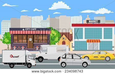 City Landscape With Market And Cafe Building And Cars Are Passing By Street. Illustrated Vector.