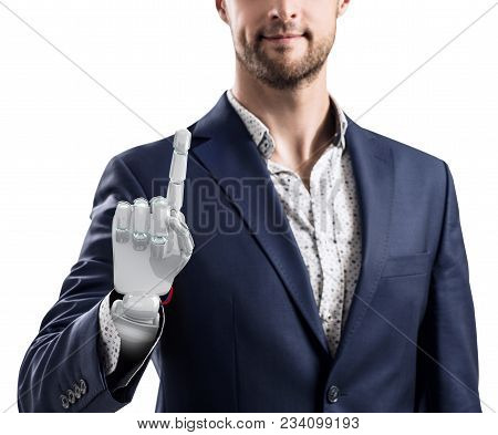 Businessman With Robotic Hand. Prosthesis Concept. Bionic Technology Concept. 3d Rendering