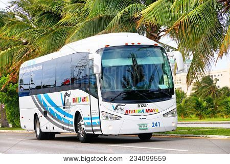 Cancun, Mexico - June 4, 2017: Touristic Coach Bus Irizar I5 In The City Street.