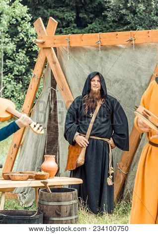 Ritter Weg, Russia, Morozovo, April 2017: Festival Of The European Middle Ages. Monks In Long Black 