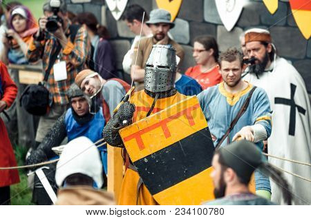 Ritter Weg, Russia, Morozovo, April 2017: Festival Of The European Middle Ages. Medieval Joust Knigh