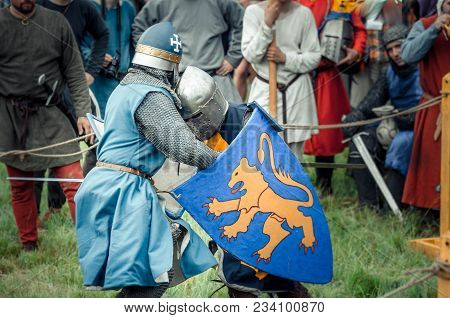 Ritter Weg, Russia, Morozovo, April 2017: Festival Of The European Middle Ages. Medieval Joust Knigh